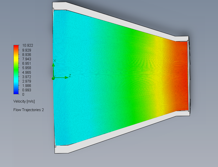 SolidWorks Flow Simulation cut plot showing velocity increasing smoothly from the large end to the small end of a concentric reducer, blue to red