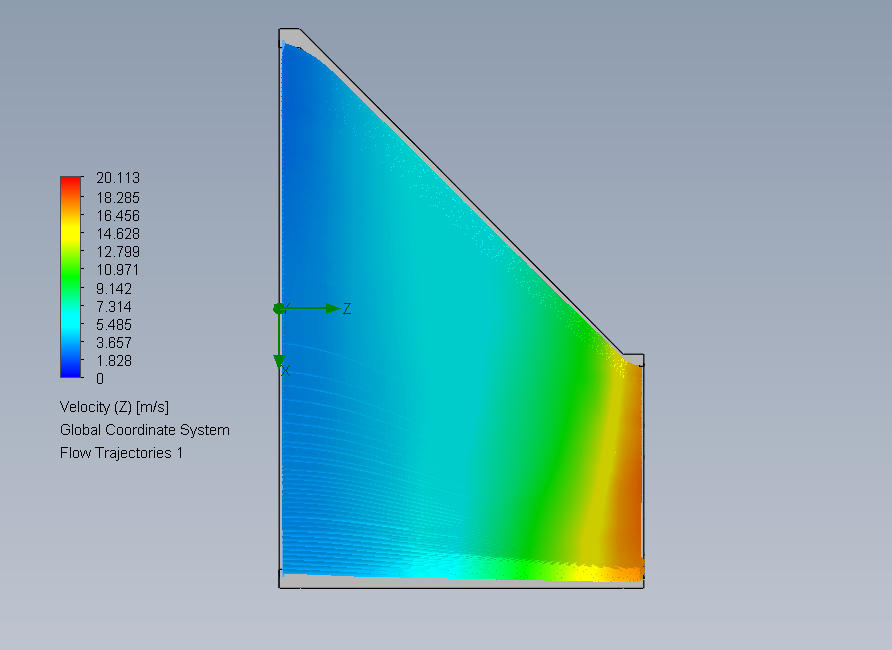 SolidWorks Flow Simulation cut plot of an eccentric reducer showing velocity concentrated near the flush-side corner rather than distributed evenly